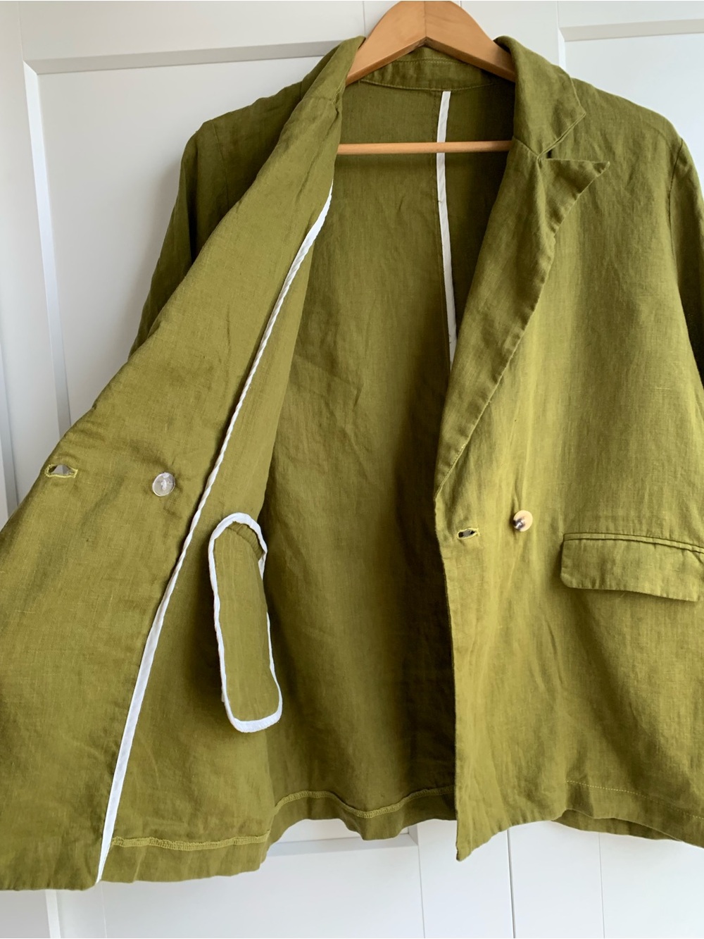 100% linen Women's Double-Breasted Blazer in olive 🫒 green size L